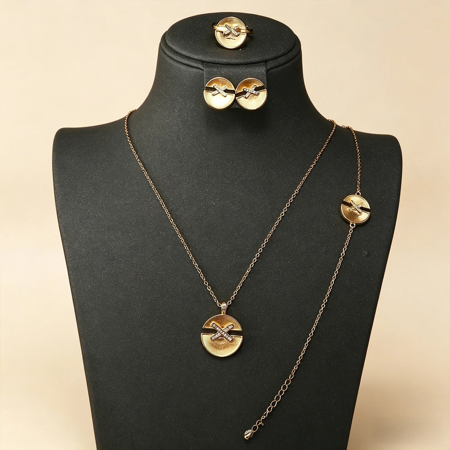 Luxury 4Pcs Cross CZ Jewelry Set - 18K Gold Plated Necklace Bracelet Ring Earrings for Women Wedding & Daily Wear - Tara's Tiny Treasures