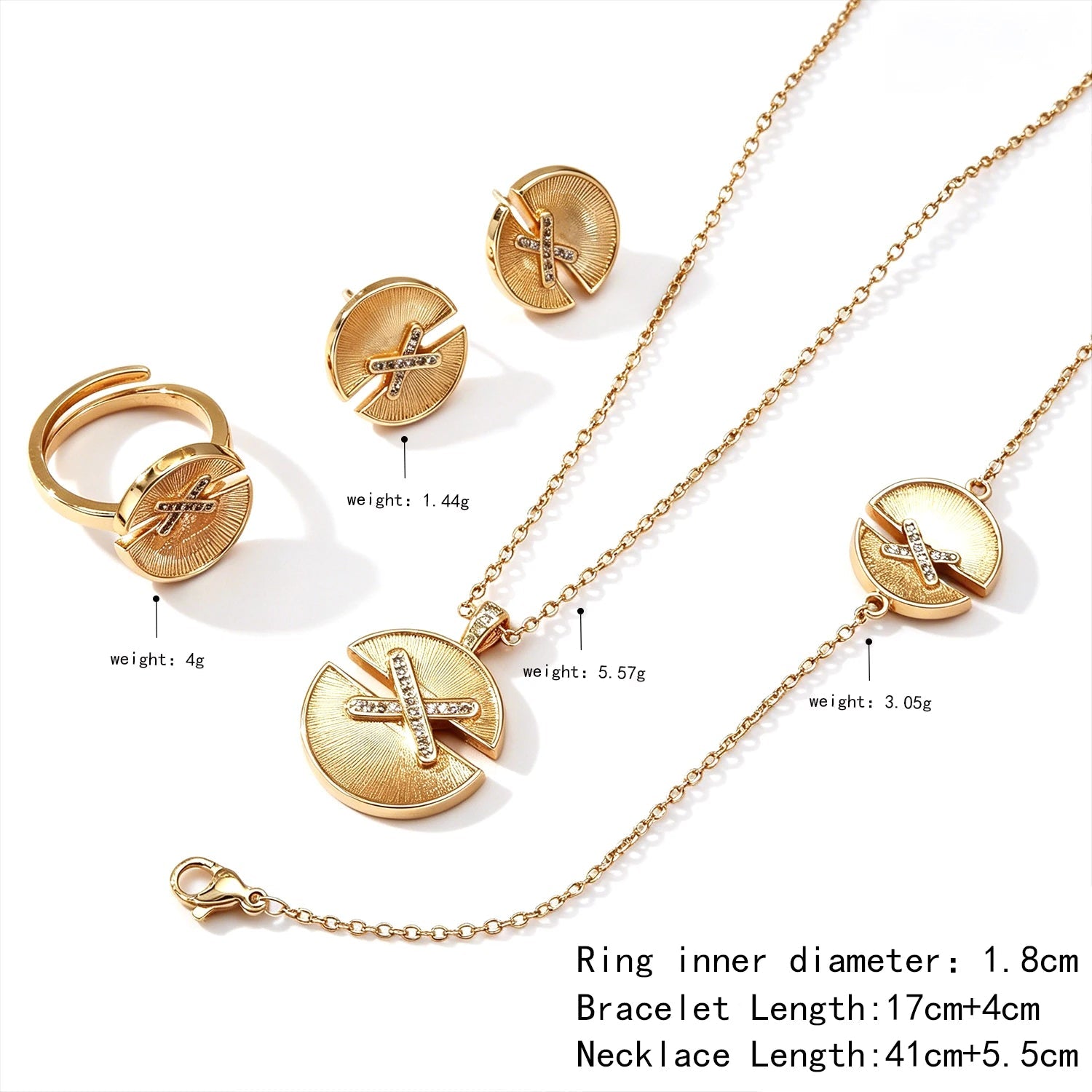 Luxury 4Pcs Cross CZ Jewelry Set - 18K Gold Plated Necklace Bracelet Ring Earrings for Women Wedding & Daily Wear - Tara's Tiny Treasures