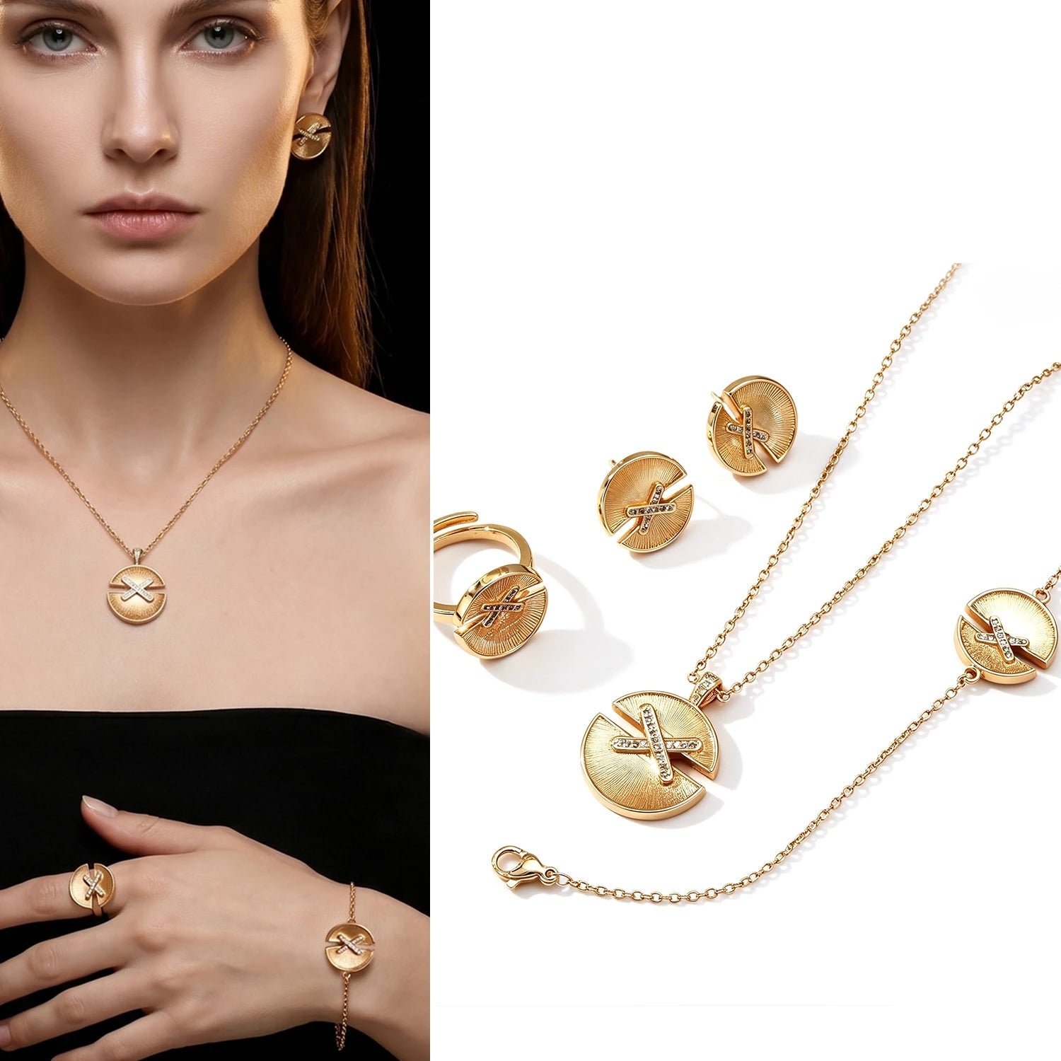 Luxury 4Pcs Cross CZ Jewelry Set - 18K Gold Plated Necklace Bracelet Ring Earrings for Women Wedding & Daily Wear - Tara's Tiny Treasures