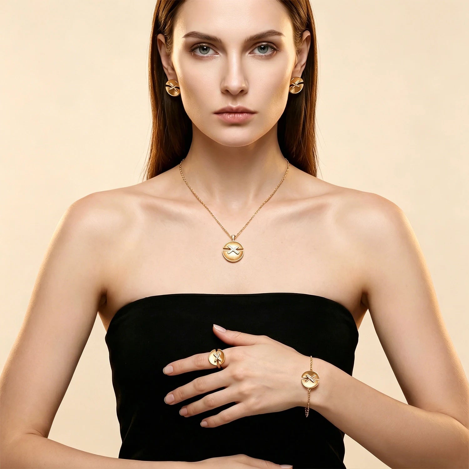 Luxury 4Pcs Cross CZ Jewelry Set - 18K Gold Plated Necklace Bracelet Ring Earrings for Women Wedding & Daily Wear - Tara's Tiny Treasures