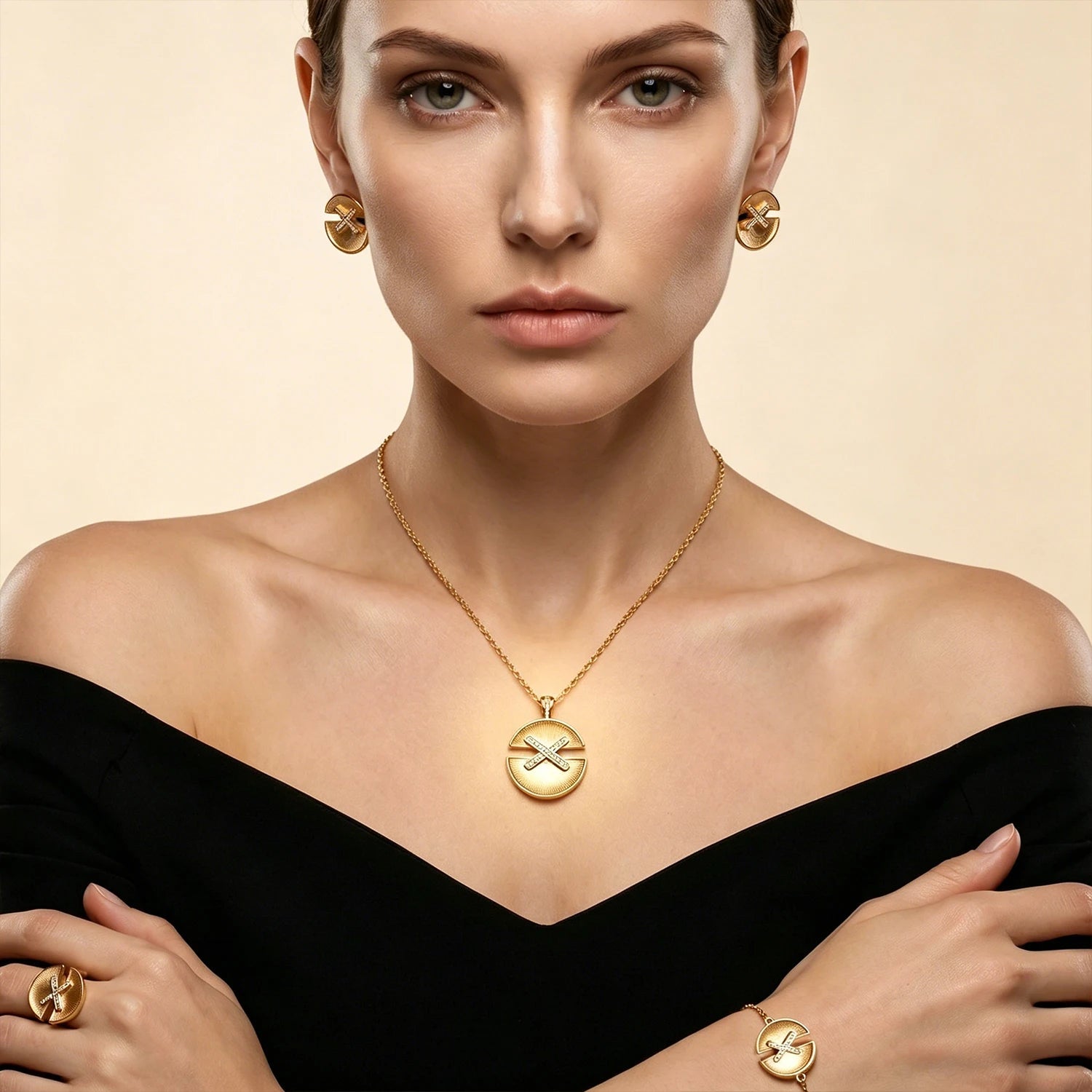 Luxury 4Pcs Cross CZ Jewelry Set - 18K Gold Plated Necklace Bracelet Ring Earrings for Women Wedding & Daily Wear - Tara's Tiny Treasures