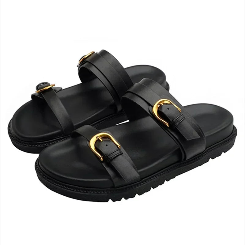Luxury Brand Designer Platform Slippers for Women Summer High Quality Soft Leather Metal Buckle Slide Sandals Beach Flat Shoes - Tara's Tiny Treasures