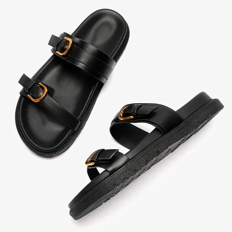 Luxury Brand Designer Platform Slippers for Women Summer High Quality Soft Leather Metal Buckle Slide Sandals Beach Flat Shoes - Tara's Tiny Treasures