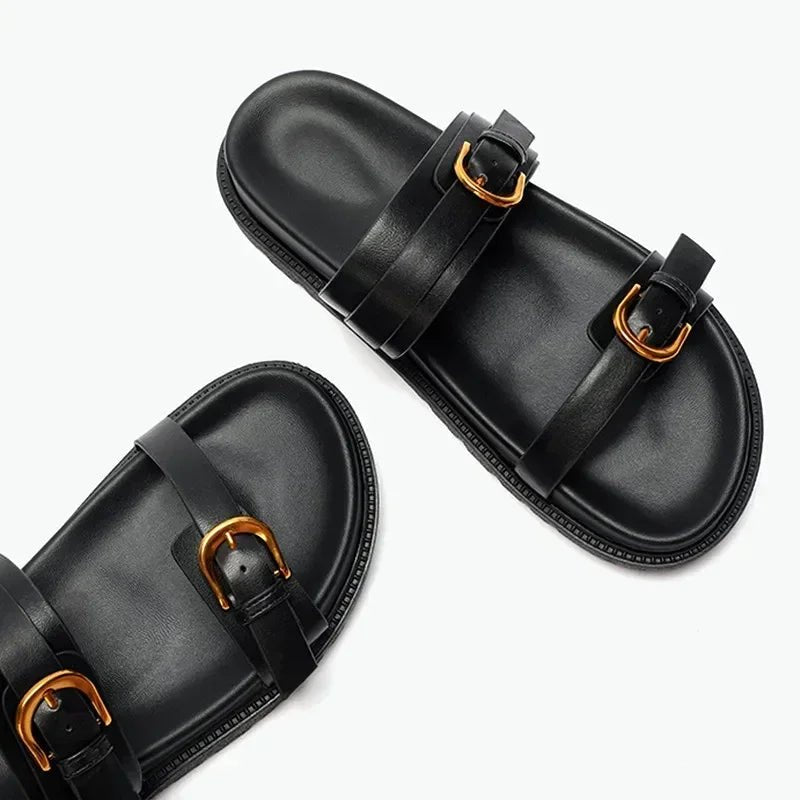 Luxury Brand Designer Platform Slippers for Women Summer High Quality Soft Leather Metal Buckle Slide Sandals Beach Flat Shoes - Tara's Tiny Treasures