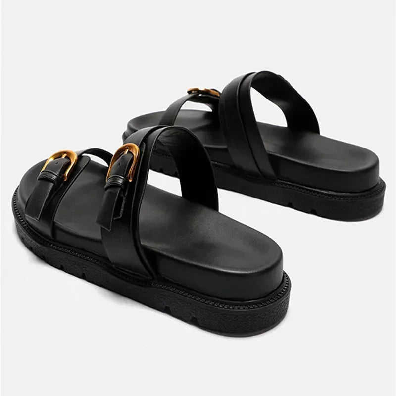 Luxury Brand Designer Platform Slippers for Women Summer High Quality Soft Leather Metal Buckle Slide Sandals Beach Flat Shoes - Tara's Tiny Treasures