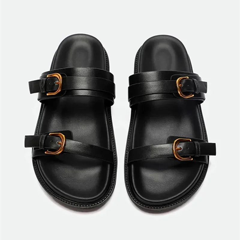 Luxury Brand Designer Platform Slippers for Women Summer High Quality Soft Leather Metal Buckle Slide Sandals Beach Flat Shoes - Tara's Tiny Treasures