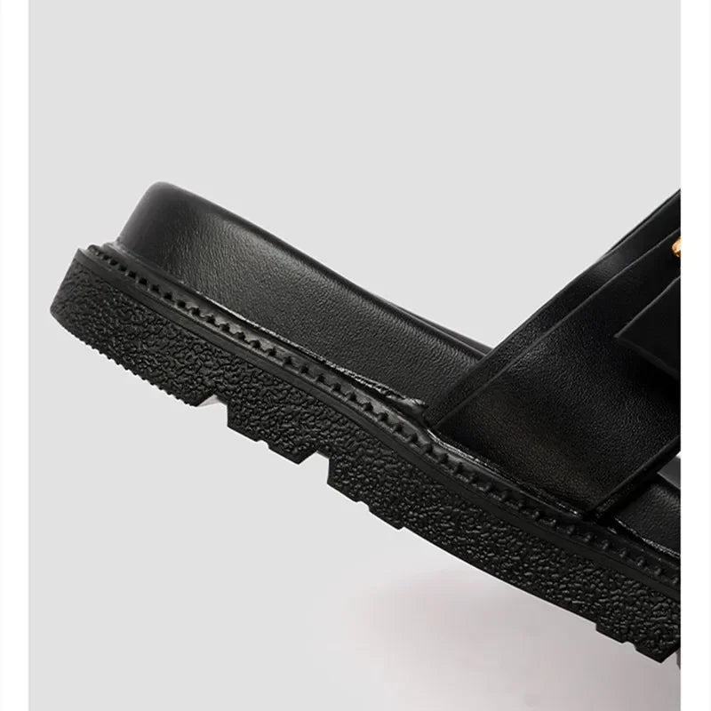 Luxury Brand Designer Platform Slippers for Women Summer High Quality Soft Leather Metal Buckle Slide Sandals Beach Flat Shoes - Tara's Tiny Treasures