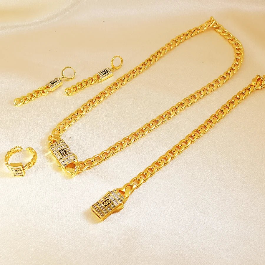 Luxury Cuban Link Chain Jewelry Set for Women Gold Plated Crystal S Logo Necklace Earrings Ring Fashion Hip Hop Party Jewelry - Tara's Tiny Treasures