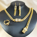 Luxury Cuban Link Chain Jewelry Set for Women Gold Plated Crystal S Logo Necklace Earrings Ring Fashion Hip Hop Party Jewelry - Tara's Tiny Treasures