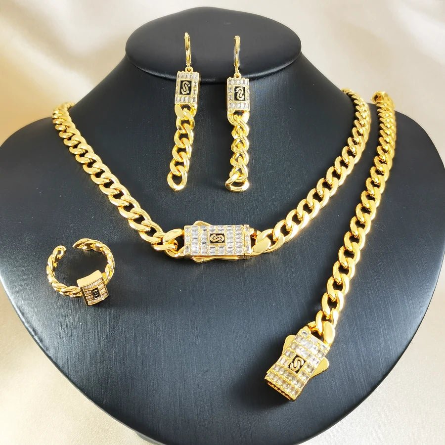 Luxury Cuban Link Chain Jewelry Set for Women Gold Plated Crystal S Logo Necklace Earrings Ring Fashion Hip Hop Party Jewelry - Tara's Tiny Treasures