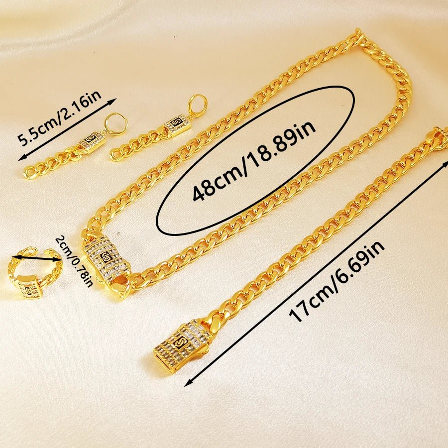 Luxury Cuban Link Chain Jewelry Set for Women Gold Plated Crystal S Logo Necklace Earrings Ring Fashion Hip Hop Party Jewelry - Tara's Tiny Treasures