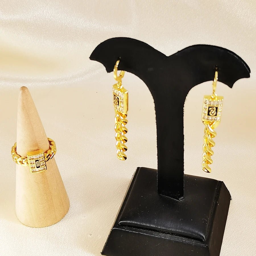Luxury Cuban Link Chain Jewelry Set for Women Gold Plated Crystal S Logo Necklace Earrings Ring Fashion Hip Hop Party Jewelry - Tara's Tiny Treasures