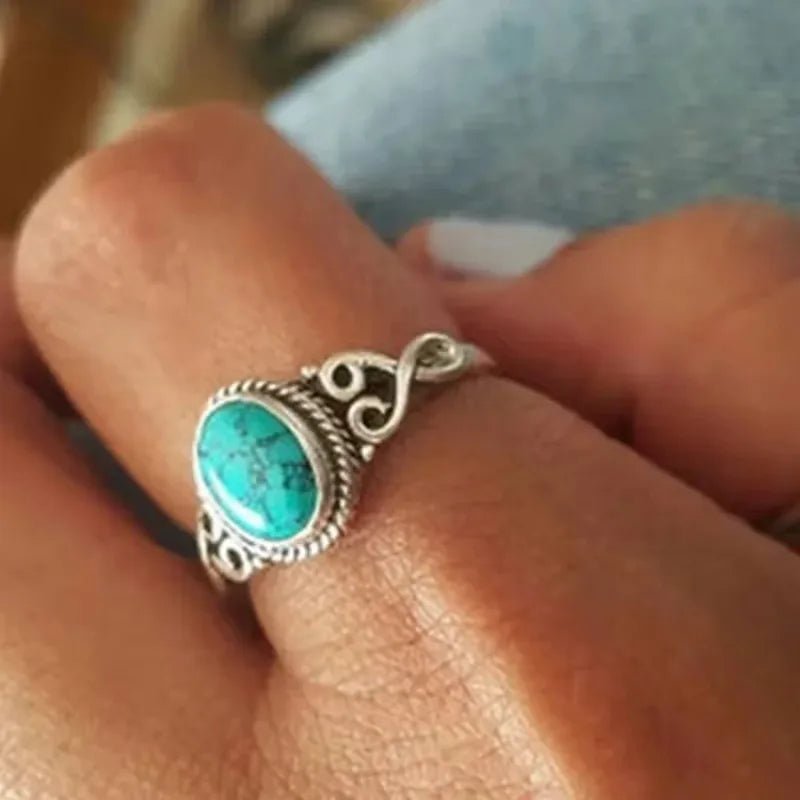 Luxury Design Ladies Turquoise Ring Suitable Women Daily Wear Jewelry Decoration Retro Silver Ethnic Filigree Oval Gem Ring - Tara's Tiny Treasures