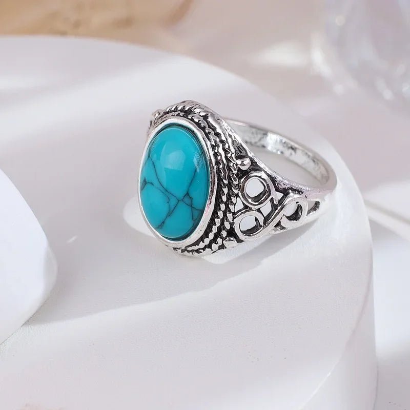 Luxury Design Ladies Turquoise Ring Suitable Women Daily Wear Jewelry Decoration Retro Silver Ethnic Filigree Oval Gem Ring - Tara's Tiny Treasures