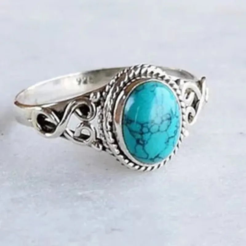 Luxury Design Ladies Turquoise Ring Suitable Women Daily Wear Jewelry Decoration Retro Silver Ethnic Filigree Oval Gem Ring - Tara's Tiny Treasures