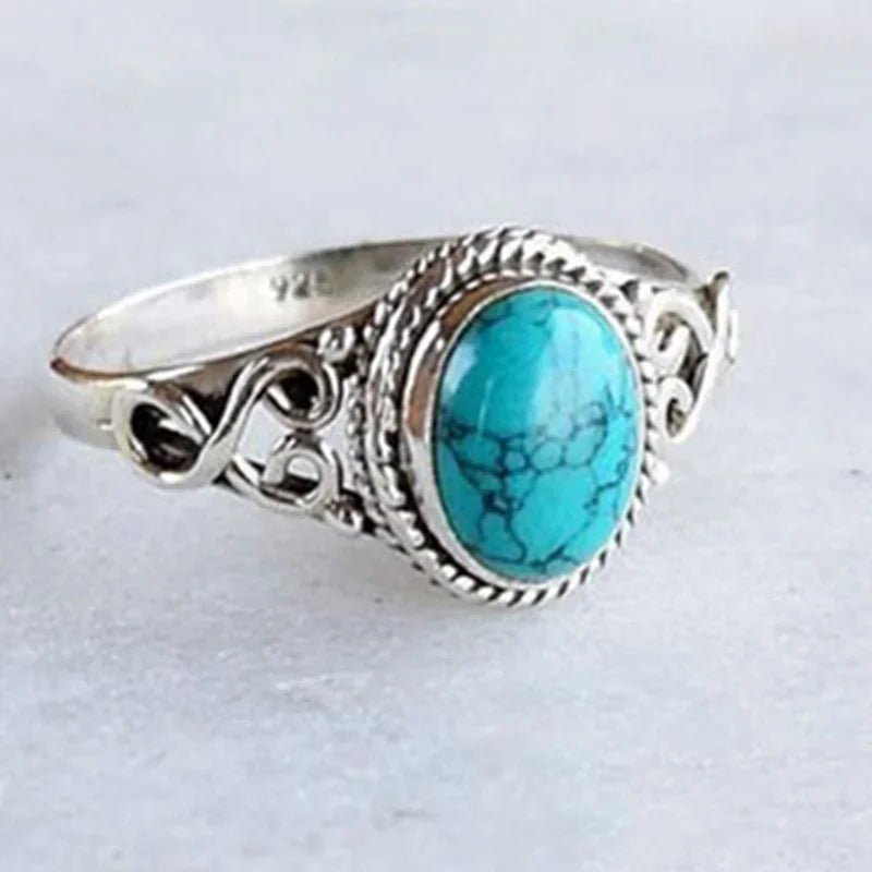 Luxury Design Ladies Turquoise Ring Suitable Women Daily Wear Jewelry Decoration Retro Silver Ethnic Filigree Oval Gem Ring - Tara's Tiny Treasures