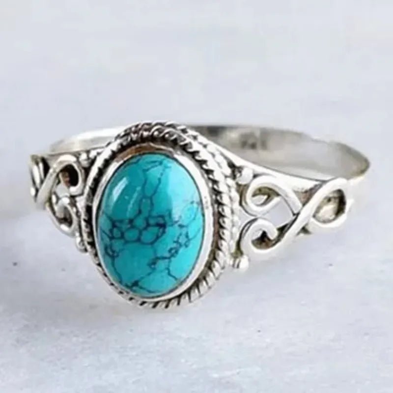 Luxury Design Ladies Turquoise Ring Suitable Women Daily Wear Jewelry Decoration Retro Silver Ethnic Filigree Oval Gem Ring - Tara's Tiny Treasures