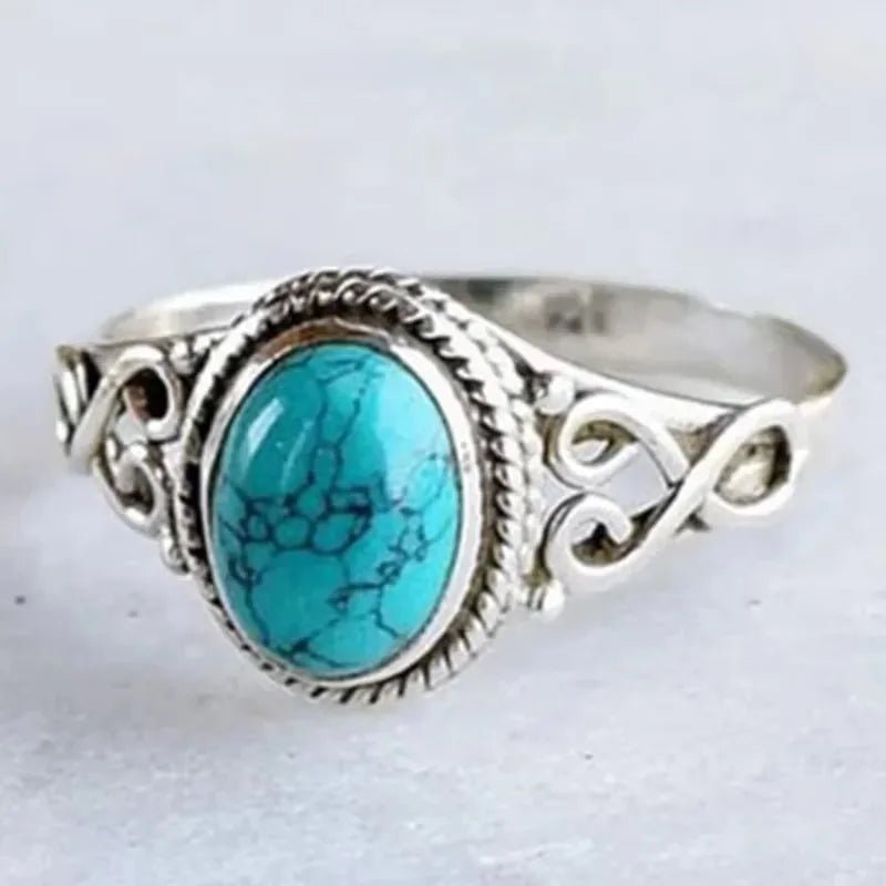 Luxury Design Ladies Turquoise Ring Suitable Women Daily Wear Jewelry Decoration Retro Silver Ethnic Filigree Oval Gem Ring - Tara's Tiny Treasures
