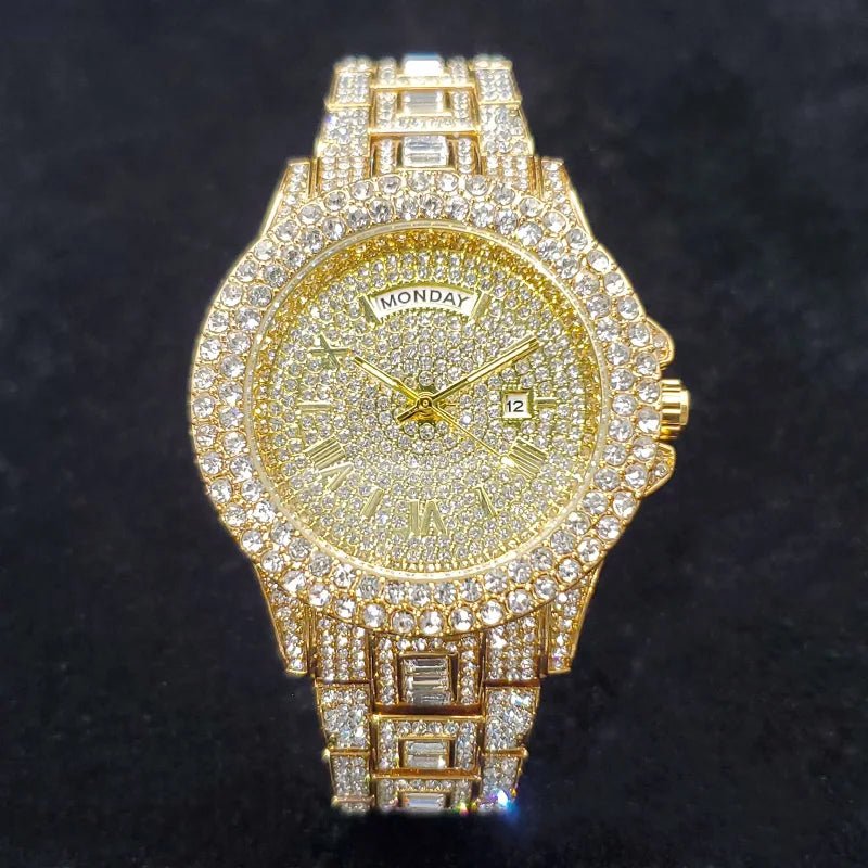 Luxury Diamond Watch for Men Fashion Bling Iced Out Day Date Watches Hip Hop Golden Stainless Steel Quartz Man Clock Hot Sale - Tara's Tiny Treasures