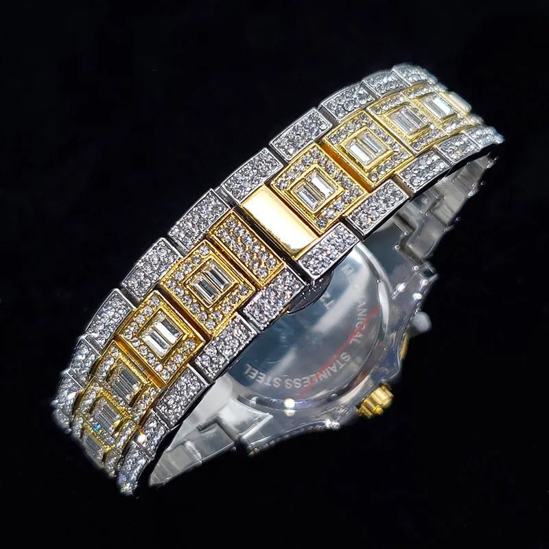 Luxury Diamond Watch for Men Fashion Bling Iced Out Day Date Watches Hip Hop Golden Stainless Steel Quartz Man Clock Hot Sale - Tara's Tiny Treasures