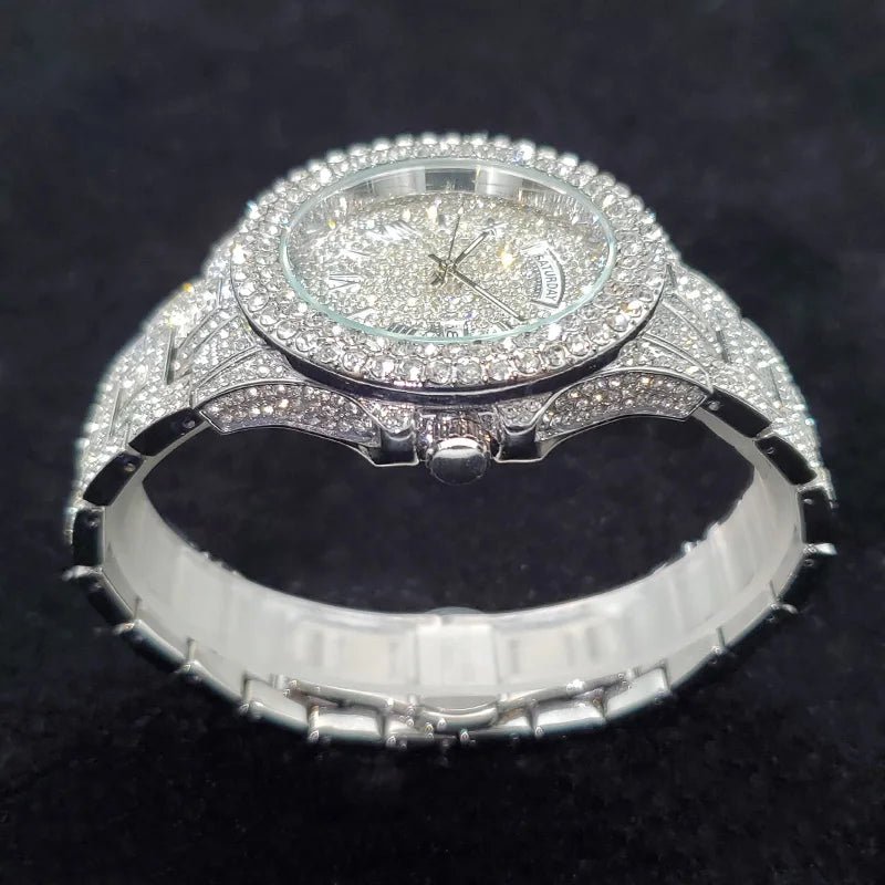 Luxury Diamond Watch for Men Fashion Bling Iced Out Day Date Watches Hip Hop Golden Stainless Steel Quartz Man Clock Hot Sale - Tara's Tiny Treasures