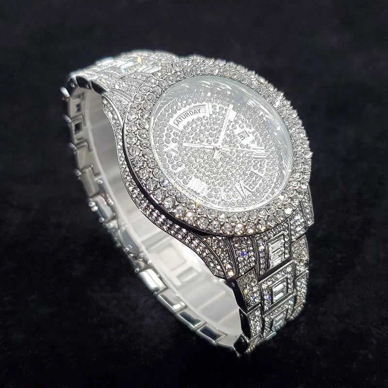 Luxury Diamond Watch for Men Fashion Bling Iced Out Day Date Watches Hip Hop Golden Stainless Steel Quartz Man Clock Hot Sale - Tara's Tiny Treasures