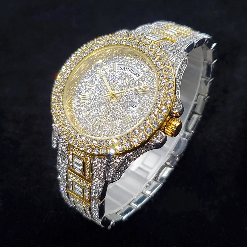 Luxury Diamond Watch for Men Fashion Bling Iced Out Day Date Watches Hip Hop Golden Stainless Steel Quartz Man Clock Hot Sale - Tara's Tiny Treasures