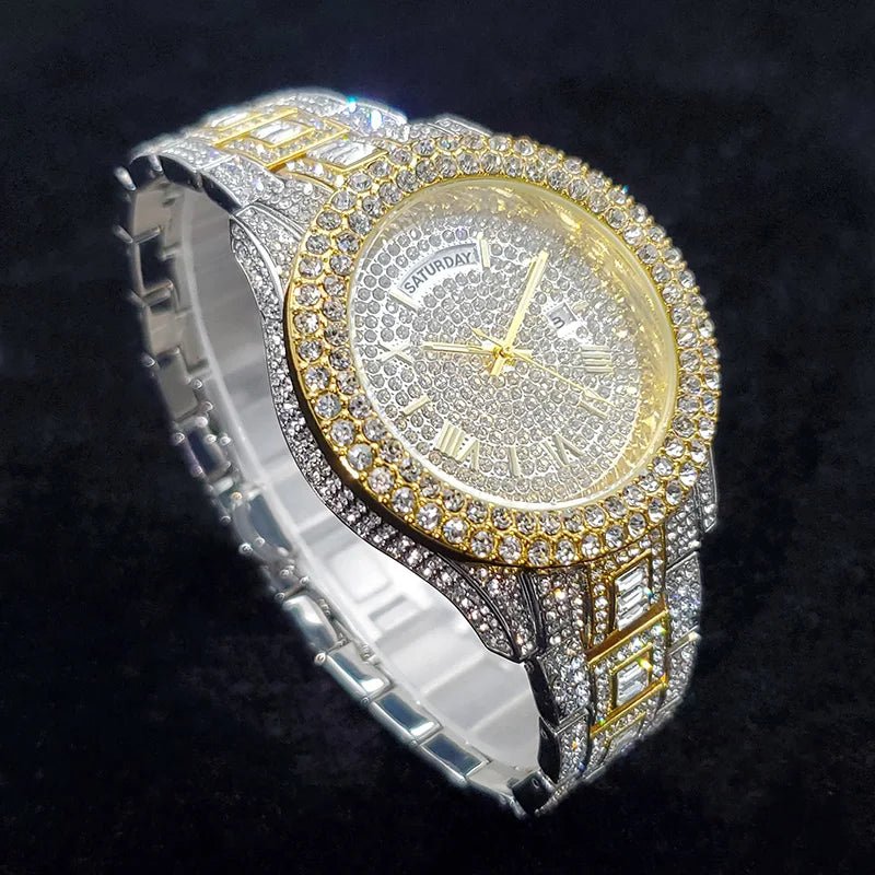 Luxury Diamond Watch for Men Fashion Bling Iced Out Day Date Watches Hip Hop Golden Stainless Steel Quartz Man Clock Hot Sale - Tara's Tiny Treasures