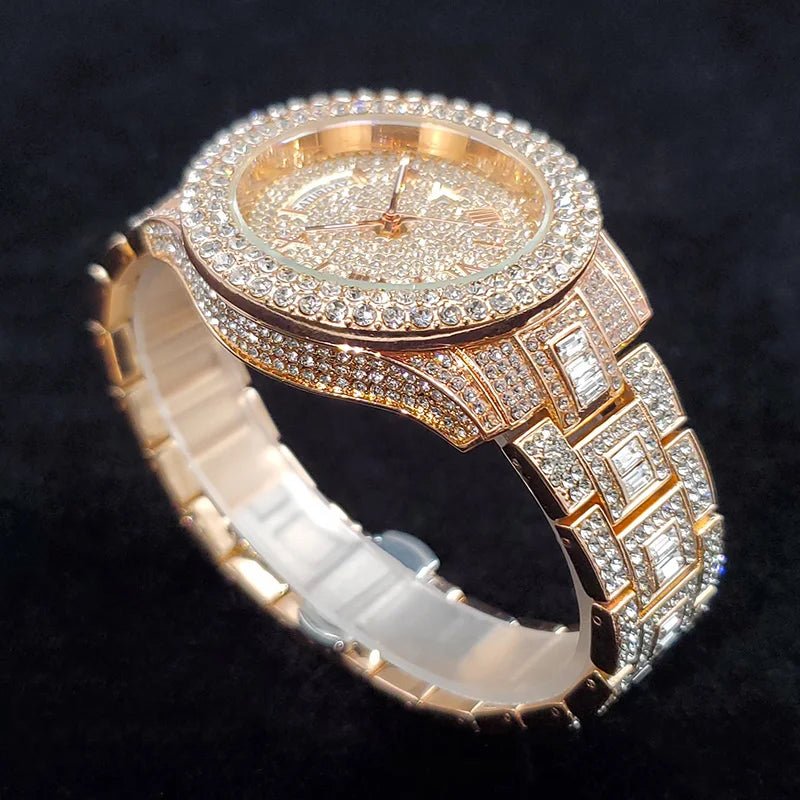 Luxury Diamond Watch for Men Fashion Bling Iced Out Day Date Watches Hip Hop Golden Stainless Steel Quartz Man Clock Hot Sale - Tara's Tiny Treasures