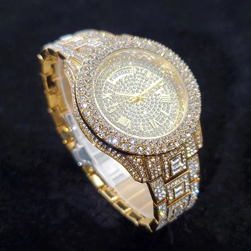 Luxury Diamond Watch for Men Fashion Bling Iced Out Day Date Watches Hip Hop Golden Stainless Steel Quartz Man Clock Hot Sale - Tara's Tiny Treasures