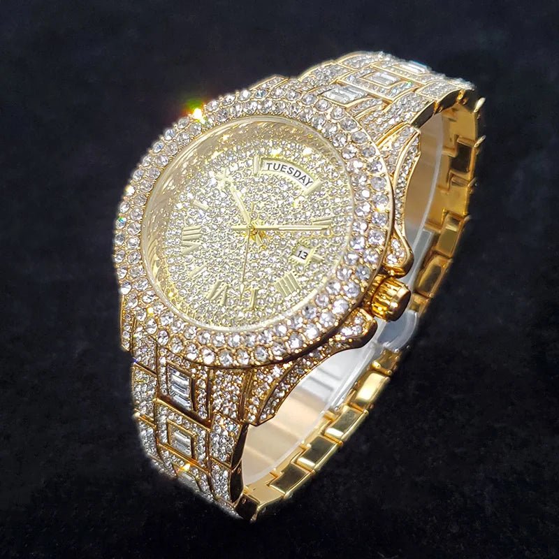 Luxury Diamond Watch for Men Fashion Bling Iced Out Day Date Watches Hip Hop Golden Stainless Steel Quartz Man Clock Hot Sale - Tara's Tiny Treasures