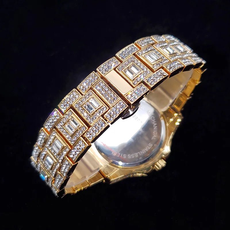 Luxury Diamond Watch for Men Fashion Bling Iced Out Day Date Watches Hip Hop Golden Stainless Steel Quartz Man Clock Hot Sale - Tara's Tiny Treasures