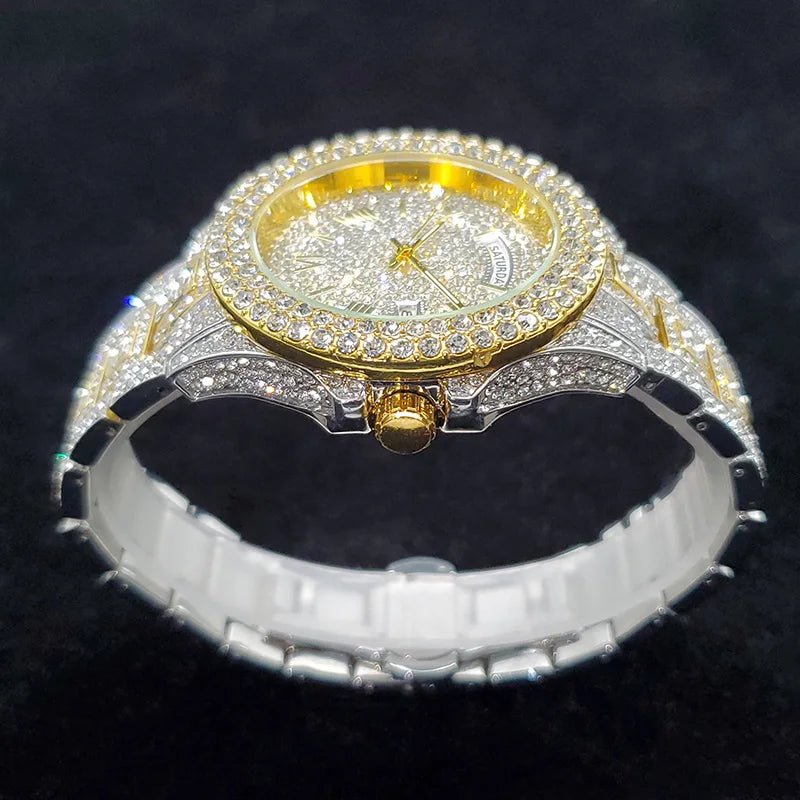 Luxury Diamond Watch for Men Fashion Bling Iced Out Day Date Watches Hip Hop Golden Stainless Steel Quartz Man Clock Hot Sale - Tara's Tiny Treasures