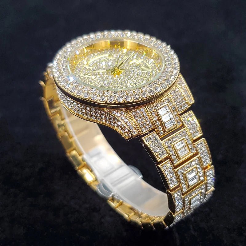 Luxury Diamond Watch for Men Fashion Bling Iced Out Day Date Watches Hip Hop Golden Stainless Steel Quartz Man Clock Hot Sale - Tara's Tiny Treasures