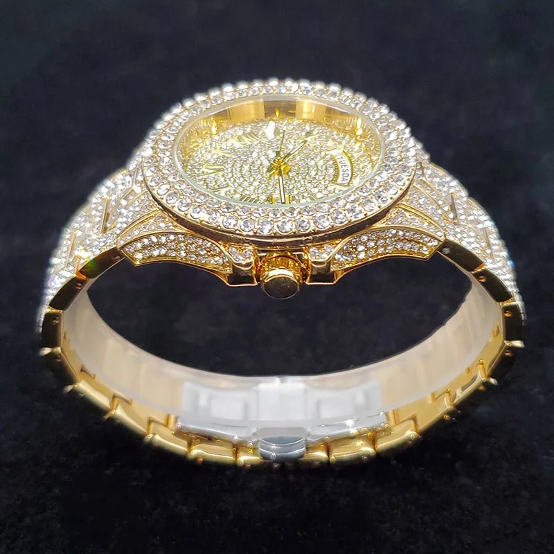 Luxury Diamond Watch for Men Fashion Bling Iced Out Day Date Watches Hip Hop Golden Stainless Steel Quartz Man Clock Hot Sale - Tara's Tiny Treasures