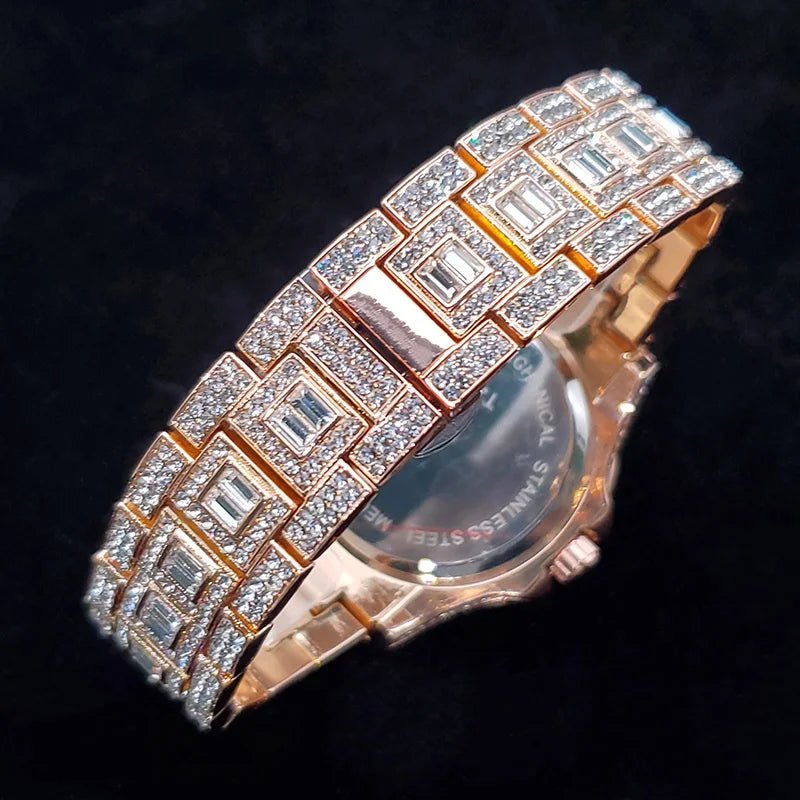 Luxury Diamond Watch for Men Fashion Bling Iced Out Day Date Watches Hip Hop Golden Stainless Steel Quartz Man Clock Hot Sale - Tara's Tiny Treasures
