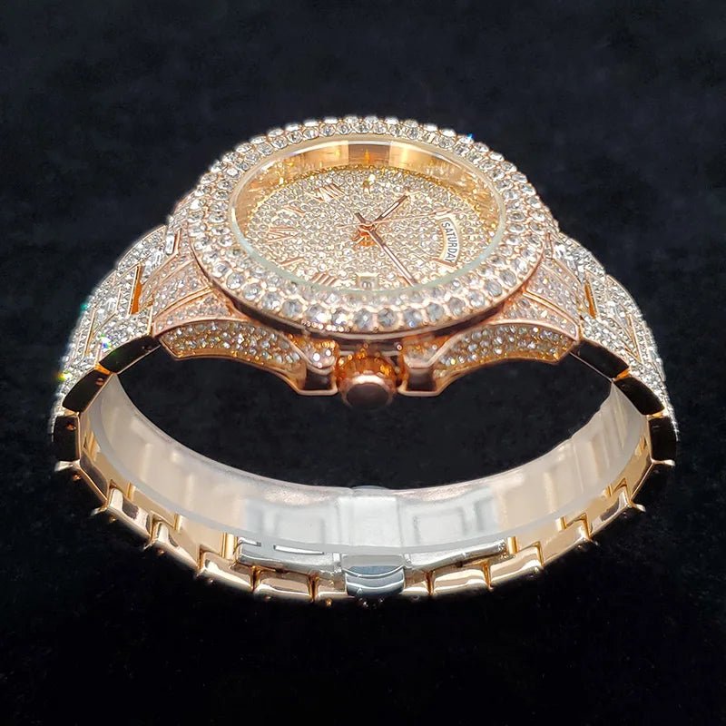 Luxury Diamond Watch for Men Fashion Bling Iced Out Day Date Watches Hip Hop Golden Stainless Steel Quartz Man Clock Hot Sale - Tara's Tiny Treasures