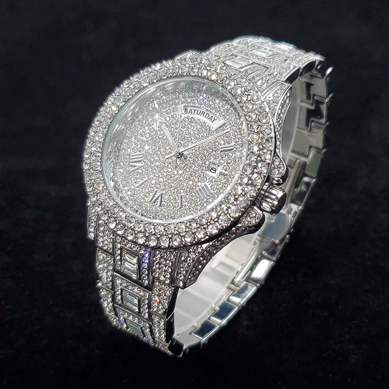 Luxury Diamond Watch for Men Fashion Bling Iced Out Day Date Watches Hip Hop Golden Stainless Steel Quartz Man Clock Hot Sale - Tara's Tiny Treasures