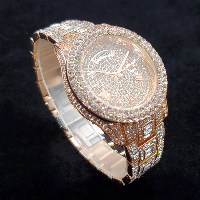 Luxury Diamond Watch for Men Fashion Bling Iced Out Day Date Watches Hip Hop Golden Stainless Steel Quartz Man Clock Hot Sale - Tara's Tiny Treasures