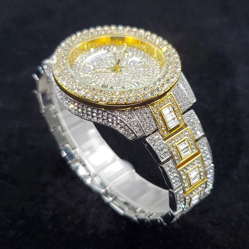 Luxury Diamond Watch for Men Fashion Bling Iced Out Day Date Watches Hip Hop Golden Stainless Steel Quartz Man Clock Hot Sale - Tara's Tiny Treasures