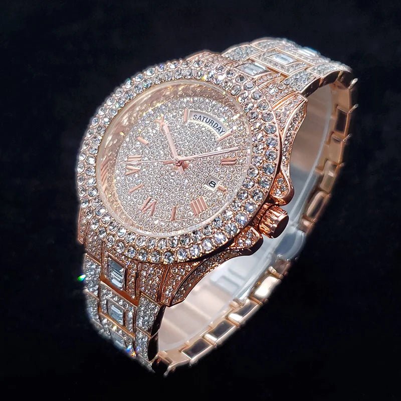 Luxury Diamond Watch for Men Fashion Bling Iced Out Day Date Watches Hip Hop Golden Stainless Steel Quartz Man Clock Hot Sale - Tara's Tiny Treasures