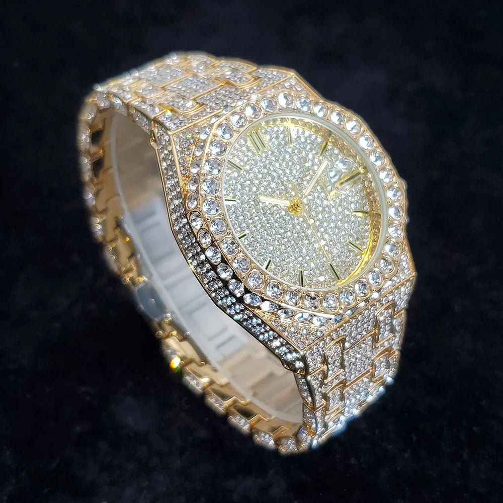 Luxury Fashion Diamond Watch for Men Top Brand Iced Out Stainless Steel Watches Hip Hop Bling Waterproof Date Clock Dropshipping - Tara's Tiny Treasures