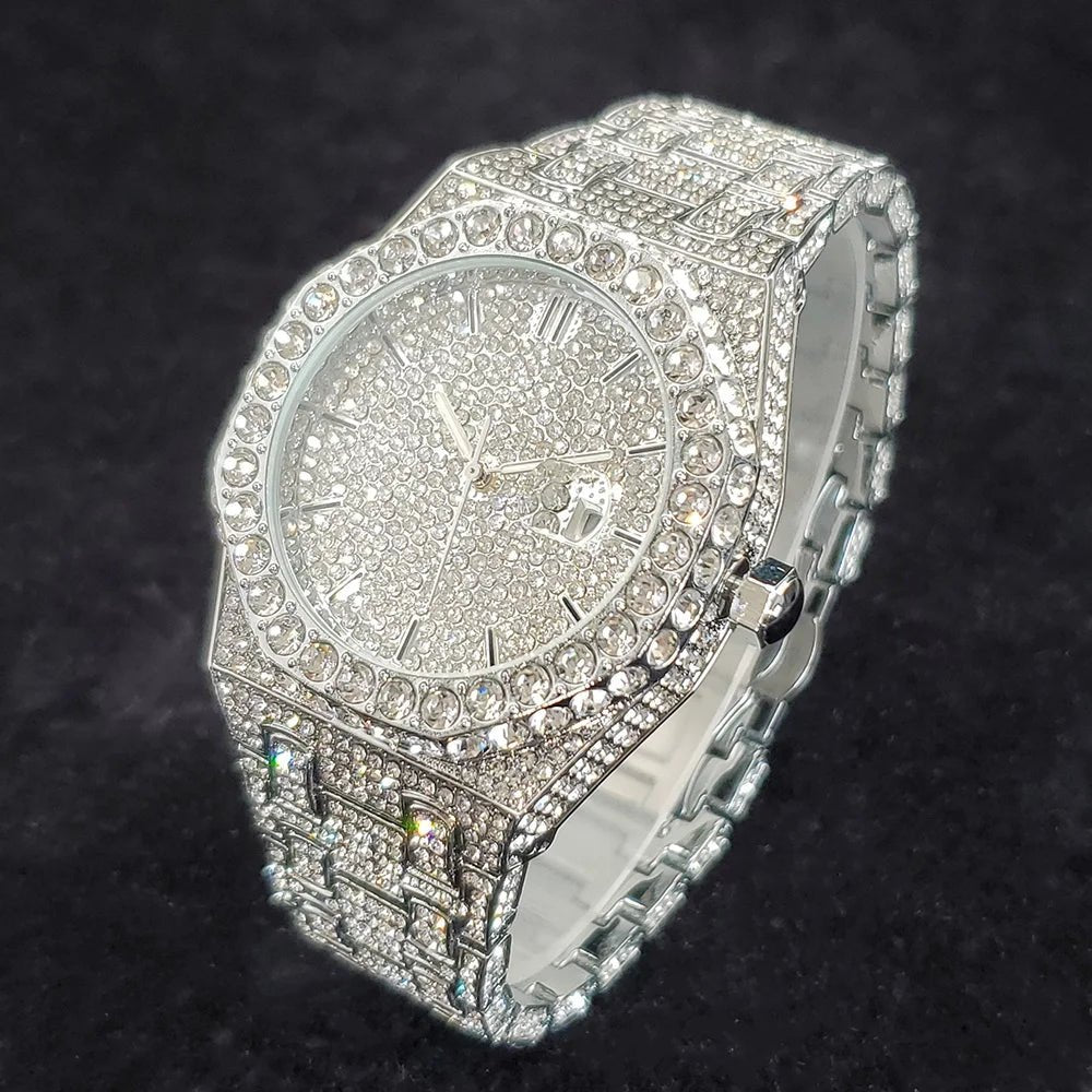 Luxury Fashion Diamond Watch for Men Top Brand Iced Out Stainless Steel Watches Hip Hop Bling Waterproof Date Clock Dropshipping - Tara's Tiny Treasures