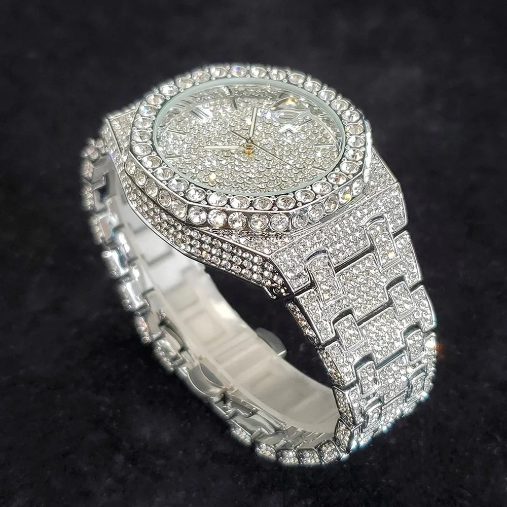 Luxury Fashion Diamond Watch for Men Top Brand Iced Out Stainless Steel Watches Hip Hop Bling Waterproof Date Clock Dropshipping - Tara's Tiny Treasures