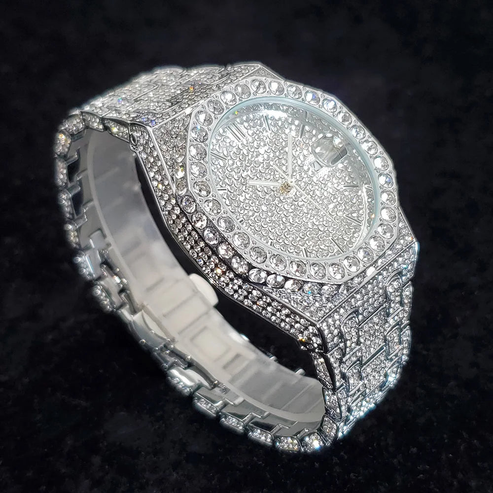 Luxury Fashion Diamond Watch for Men Top Brand Iced Out Stainless Steel Watches Hip Hop Bling Waterproof Date Clock Dropshipping - Tara's Tiny Treasures