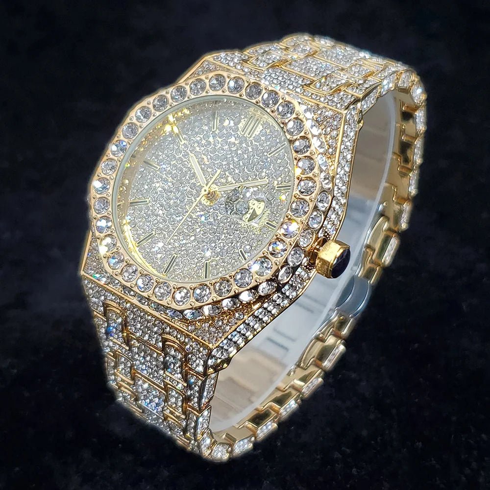 Luxury Fashion Diamond Watch for Men Top Brand Iced Out Stainless Steel Watches Hip Hop Bling Waterproof Date Clock Dropshipping - Tara's Tiny Treasures