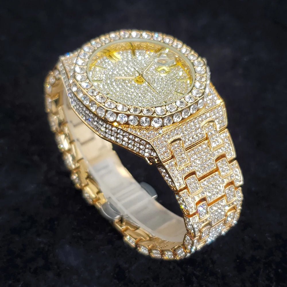 Luxury Fashion Diamond Watch for Men Top Brand Iced Out Stainless Steel Watches Hip Hop Bling Waterproof Date Clock Dropshipping - Tara's Tiny Treasures