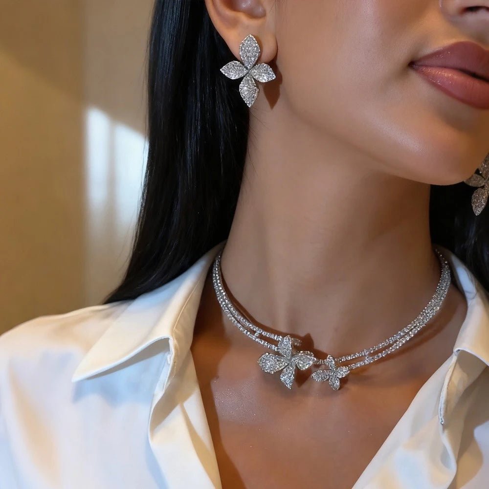 Luxury Large Flower Necklace Earrings Sets Wedding Accessories 2026 Exquisite Full Rhinestone Bridal Jewelry Set for Women Gift - Tara's Tiny Treasures
