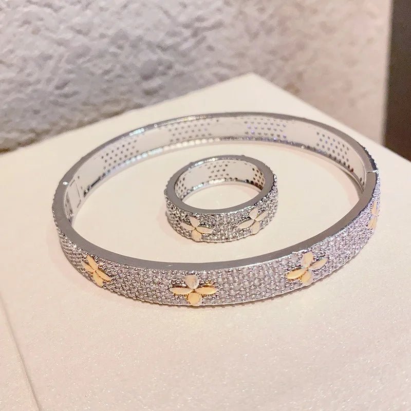 Luxury Lucky Flower bracelet Ring Set Encrusted With Sparkling Zircons Crystal Open Bangle Fashion Party Wear Jewelry Set - Tara's Tiny Treasures