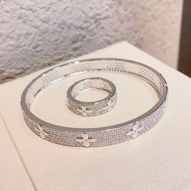 Luxury Lucky Flower bracelet Ring Set Encrusted With Sparkling Zircons Crystal Open Bangle Fashion Party Wear Jewelry Set - Tara's Tiny Treasures